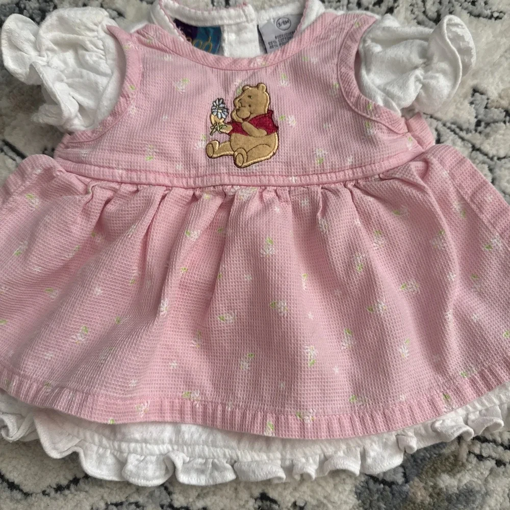 Vintage Disney Winnie the Pooh Pink Floral Embroidered Apron Dress Ruffle Sleeve